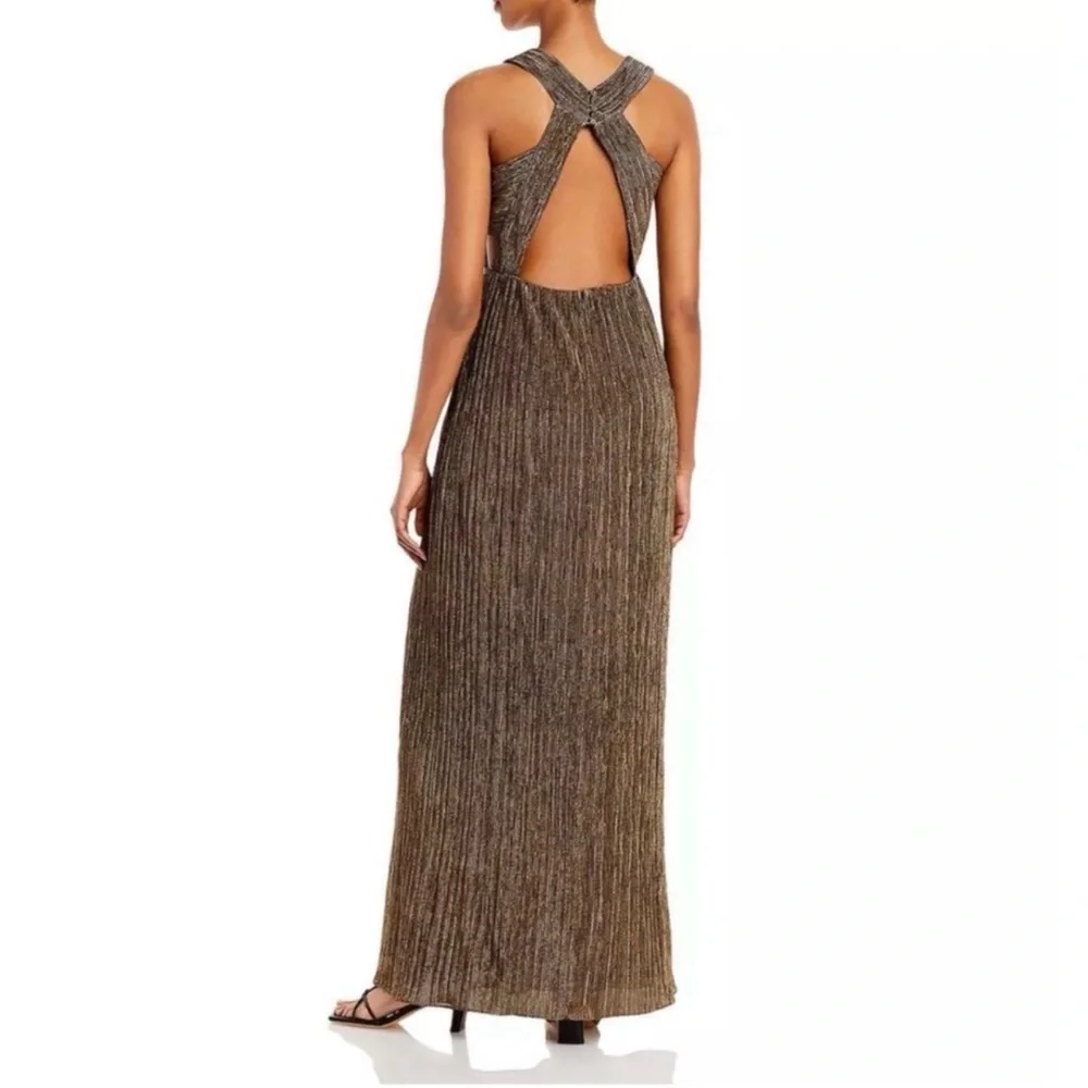 BCBGMAXAZRIA Gold Cut-Out Metallic Evening Dress Gown Size Large